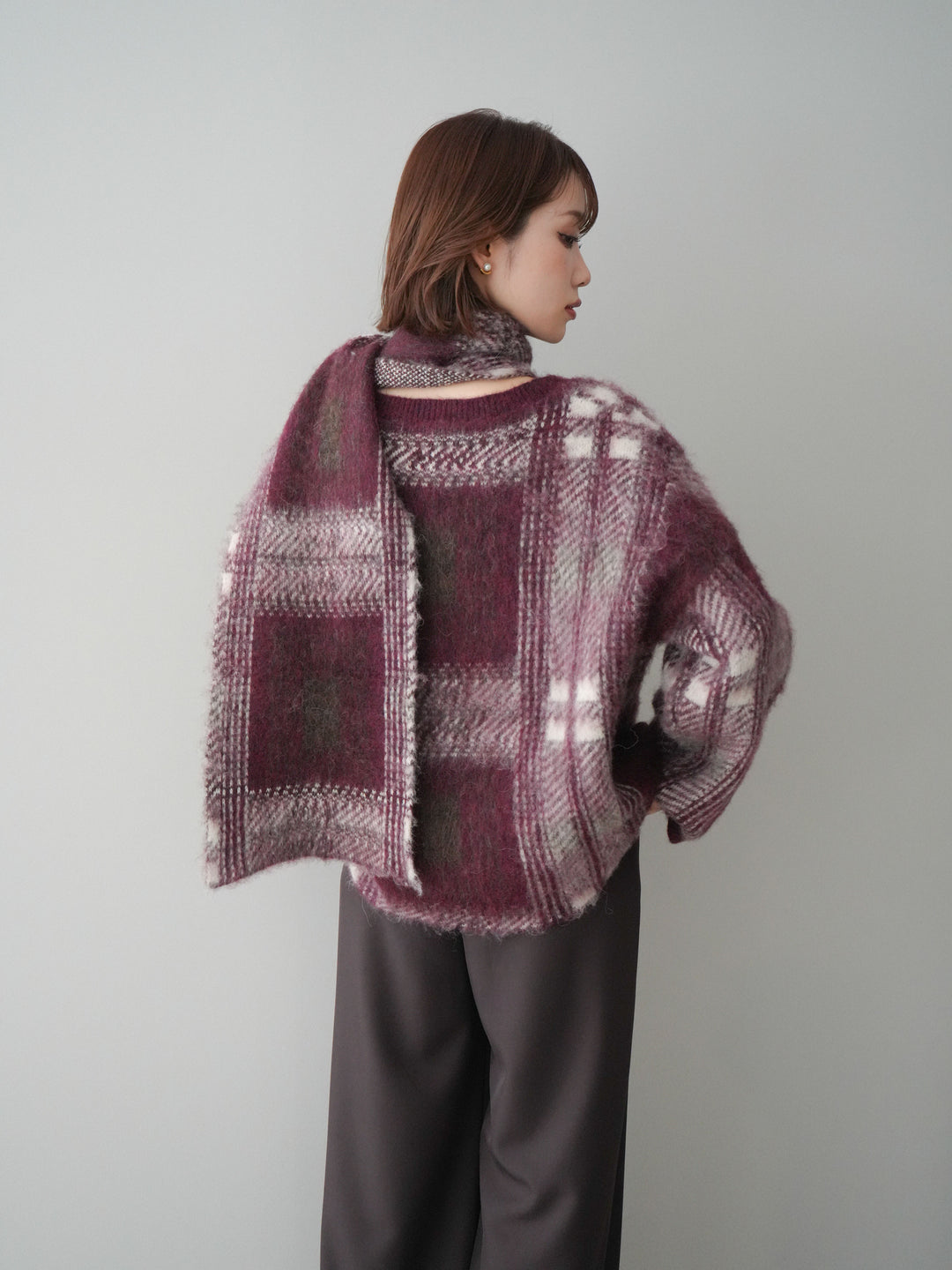 [SET]ストール付シャギーチェックニットプルオーバー+ベルトループデザインワイドパンツ(2set)