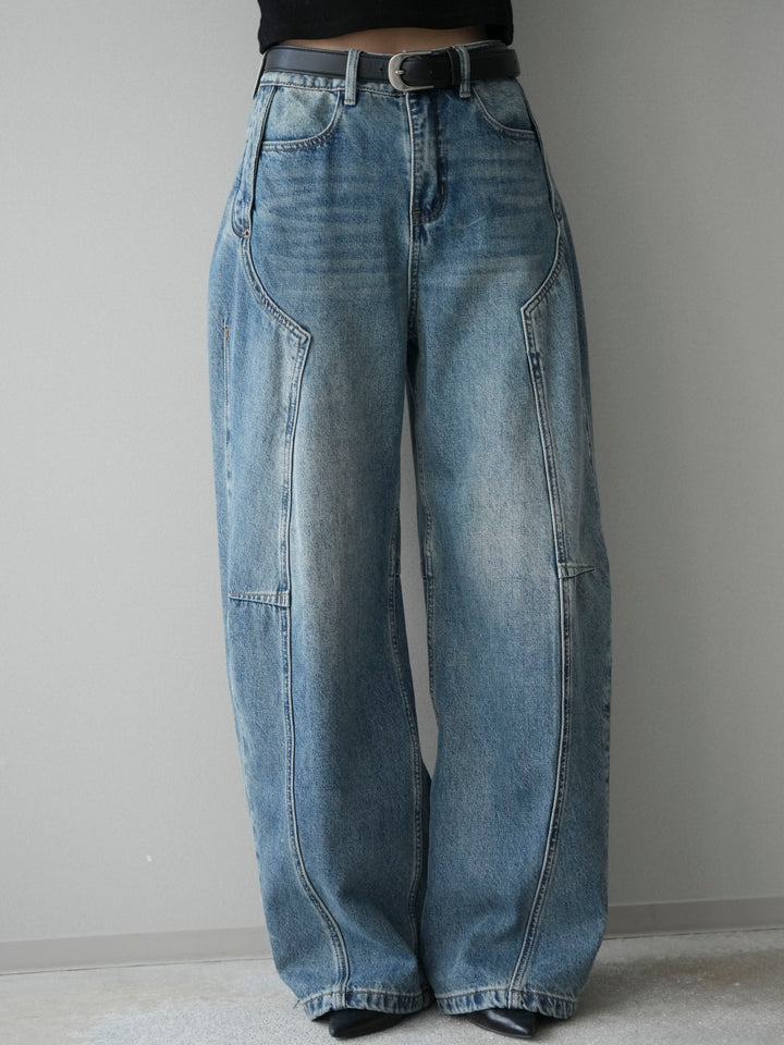 [予約]ベルト付3Dカーブデニムパンツ/blue