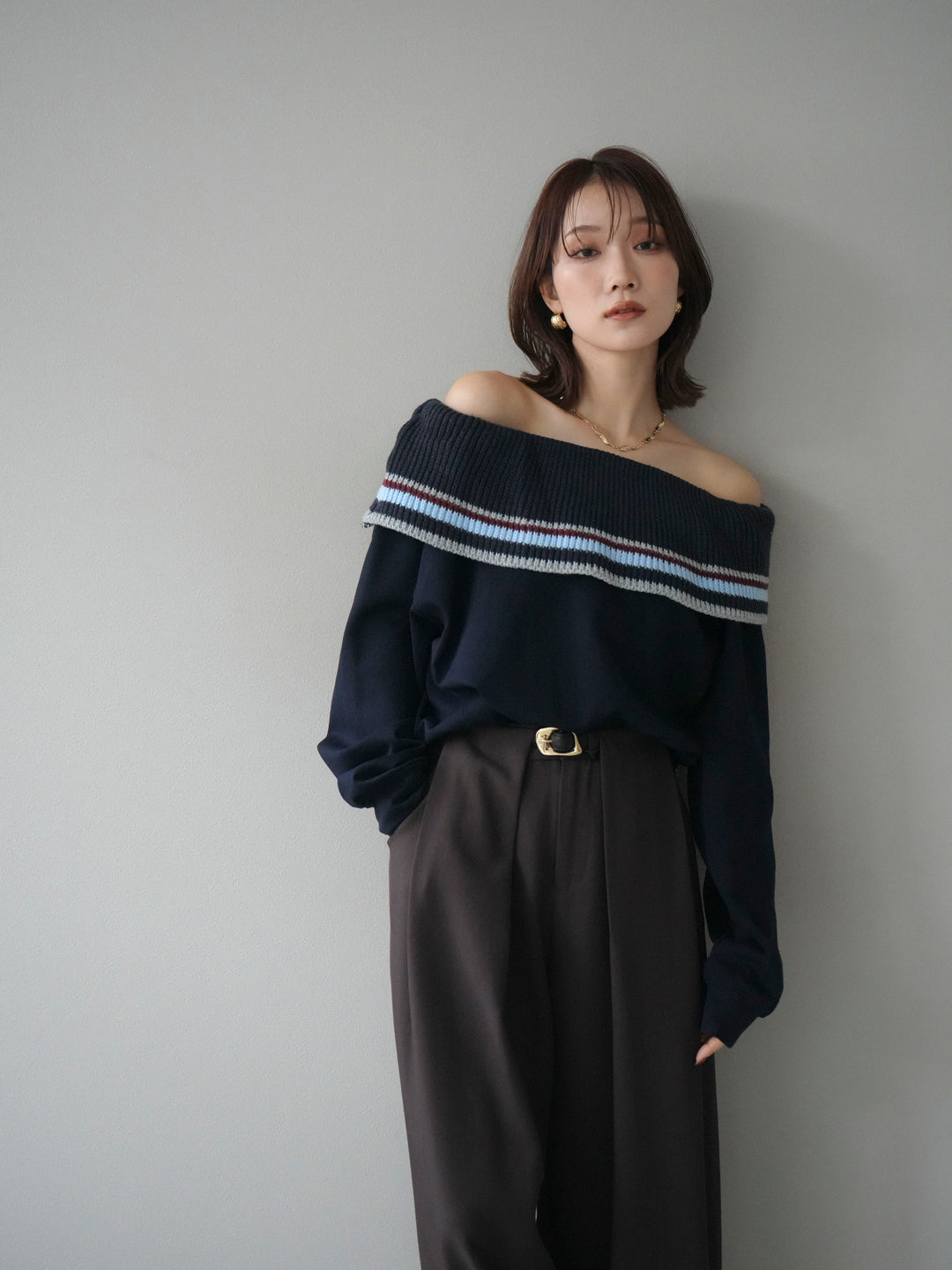 [予約]ボーダーニットオフショルダーxスウェットプルオーバー/navy