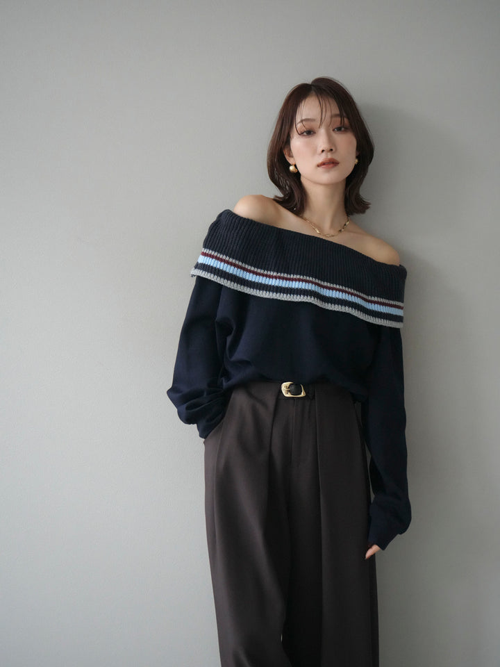 [予約]ボーダーニットオフショルダーxスウェットプルオーバー/navy