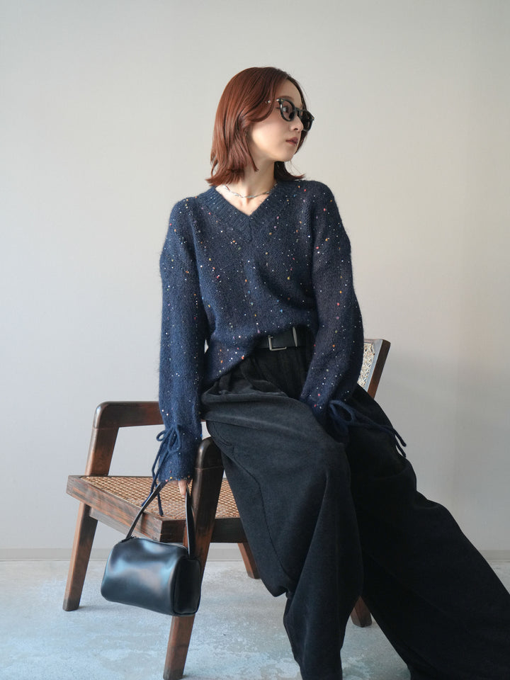 [SET]キャンディースリーブカラーネップスパンコールニットプルオーバー+ベルトデザインループコールテンワイドパンツ(ベルト付き)(2set)