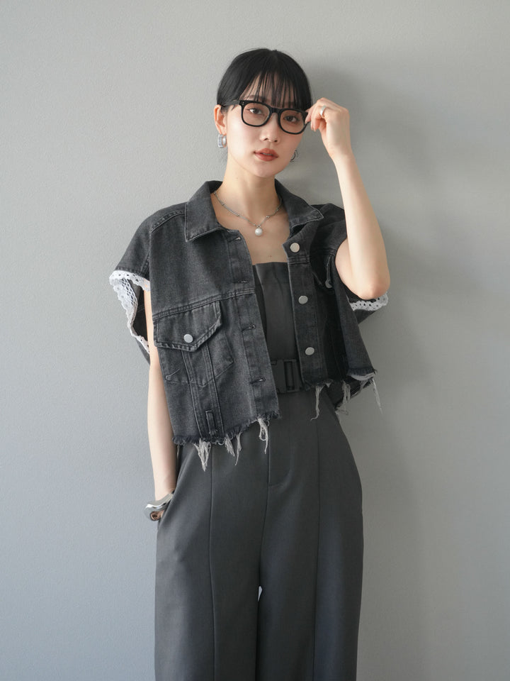 [予約]袖レースダメージデニムショートジャケット/ブラック