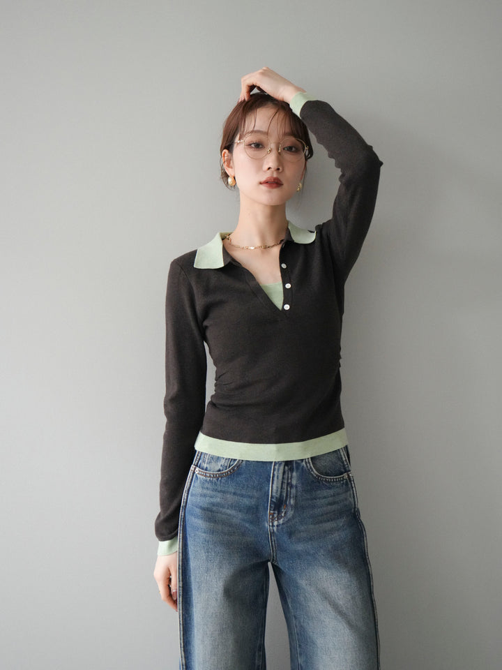[予約]レイヤード配色ポロニットトップス/darkbrown