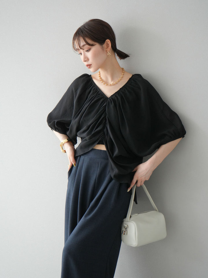 [SET]ボリュームスリーブシアータックブラウス+リネンライクイージーワイドパンツ(2set)