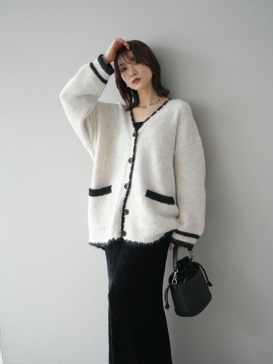 [予約]バイカラーラメニットカーディガン/ivory