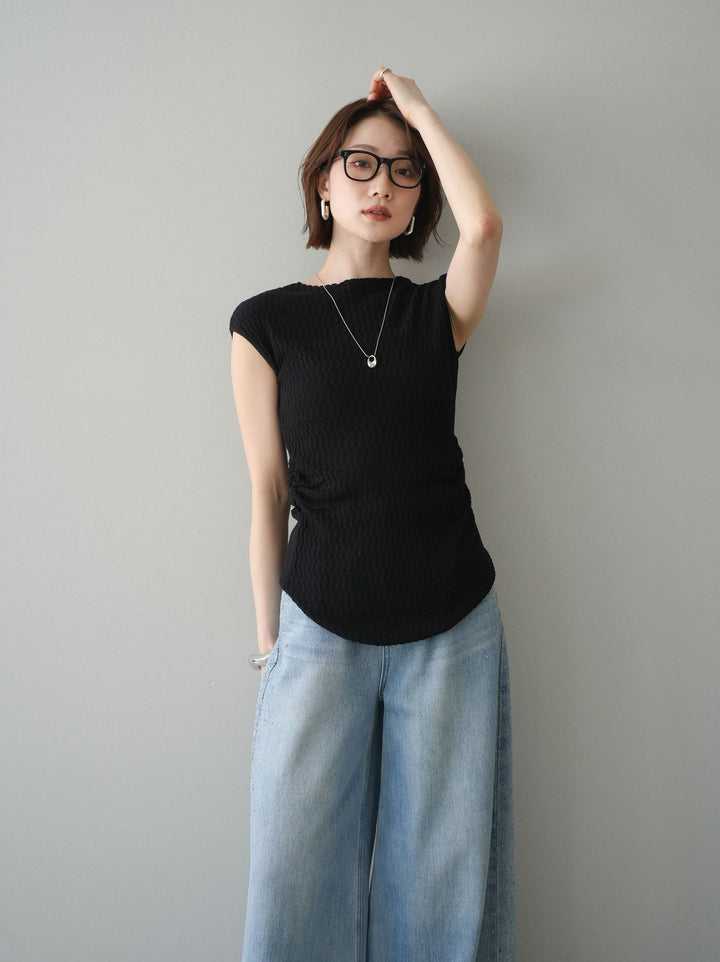 [予約]サイドシャーリングボトルネックノースリーブニットプルオーバー/black