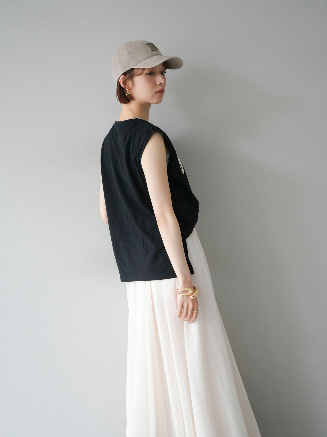 [SET] 繩繡法式袖T卹+雪紡喇叭裙（2件組）