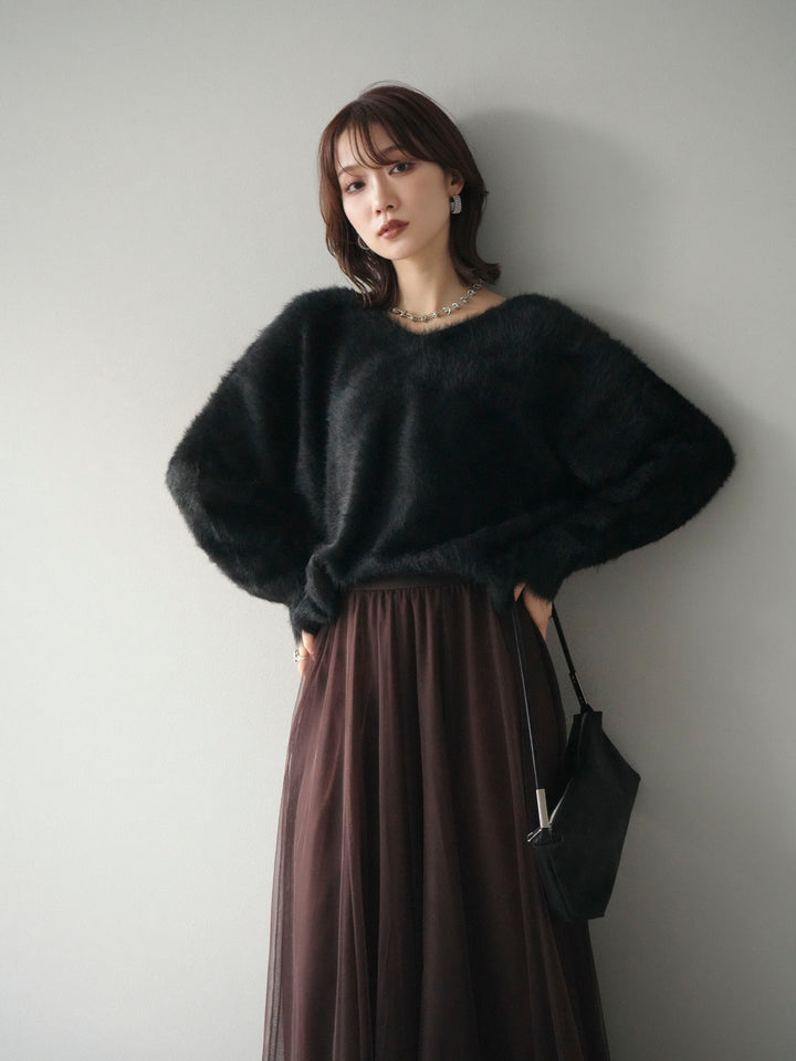 [予約]バックリボンVネックシャギーニットプルオーバー/black