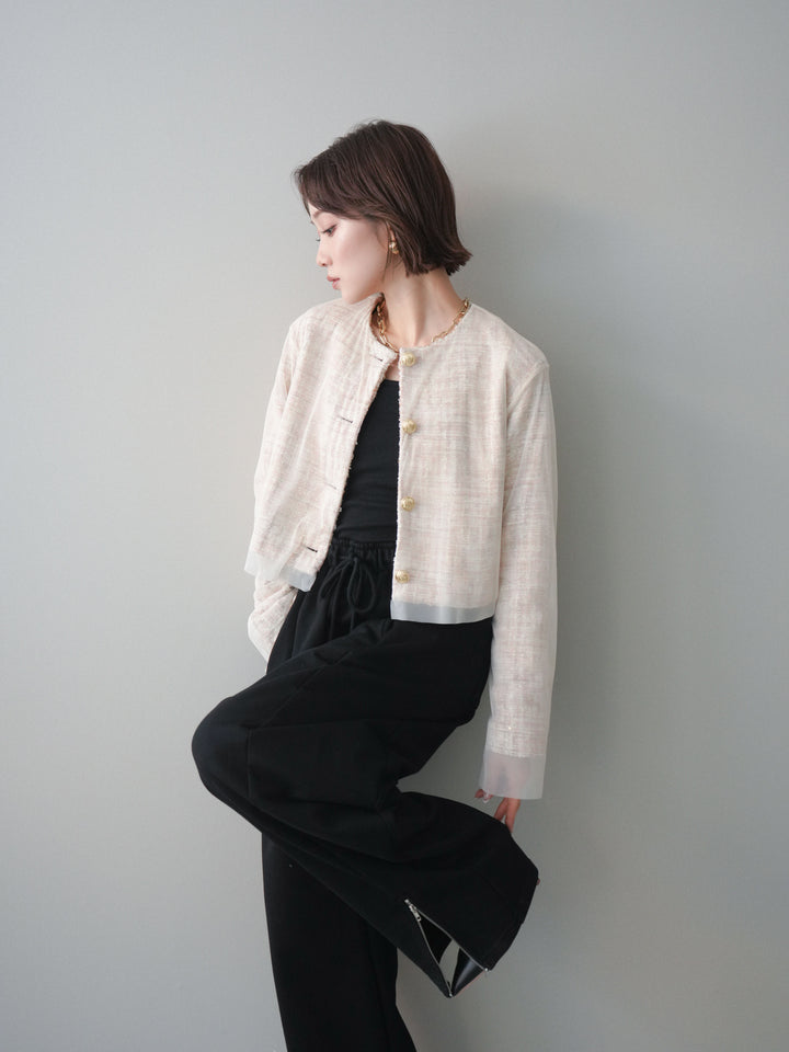 [予約]チュールレイヤードツイードクロップドジャケット/orange