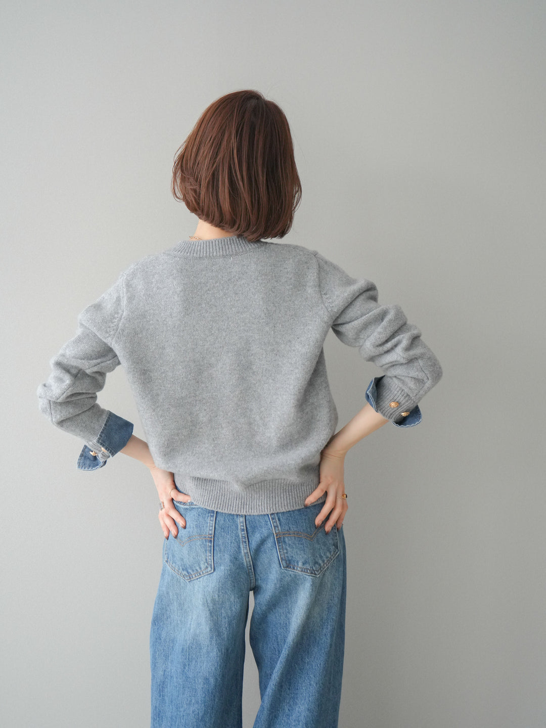 [SET]クルーネックデニムドッキングニットカーディガン+選べるアクセセット(2set)