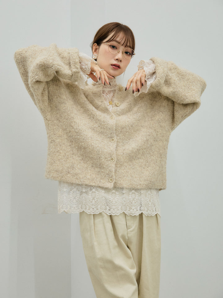 【Allure】[SET]ブークレニットカーディガン+ハイネックレーストップス(2set)