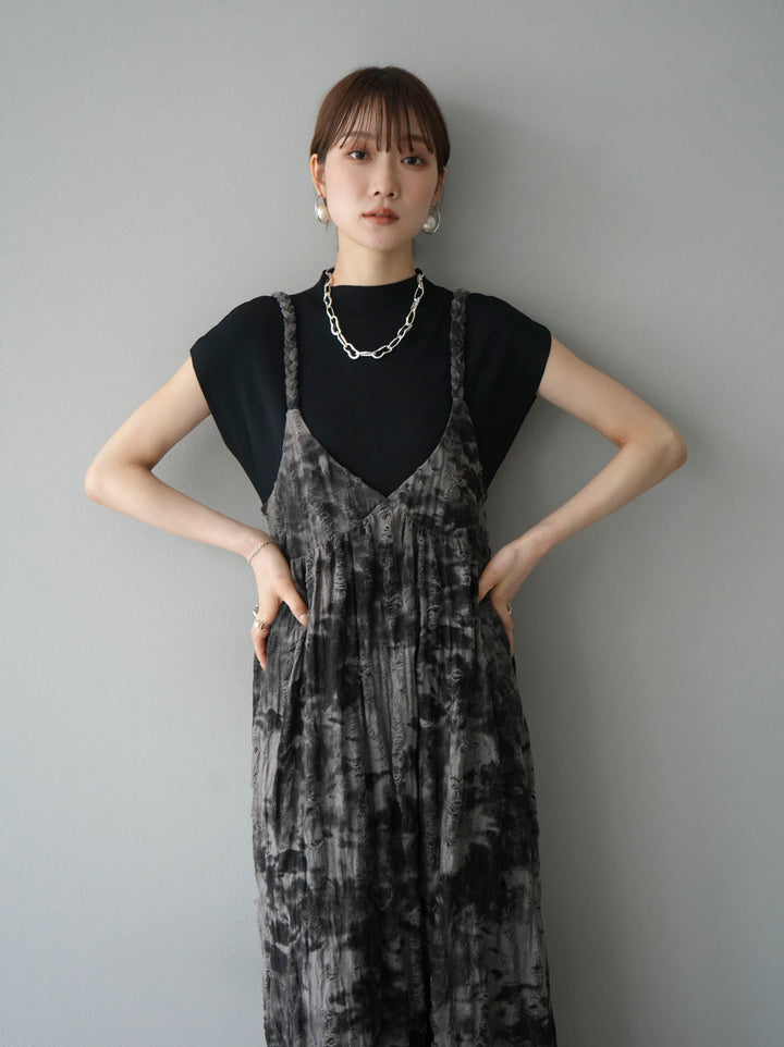 [Pre-order] Damaged Nuance Pattern Braided String Cami Dress/Brown