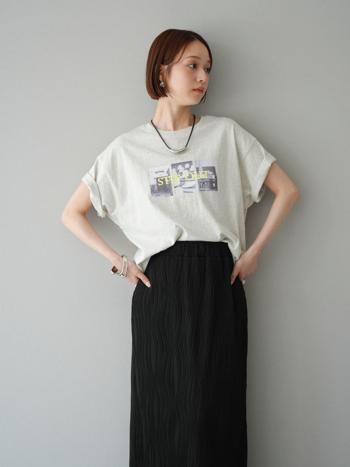 [SET]ネオンロゴコラージュフォトプリントオーバーTシャツ+ウェーブパイピングタイトスカート(2set)