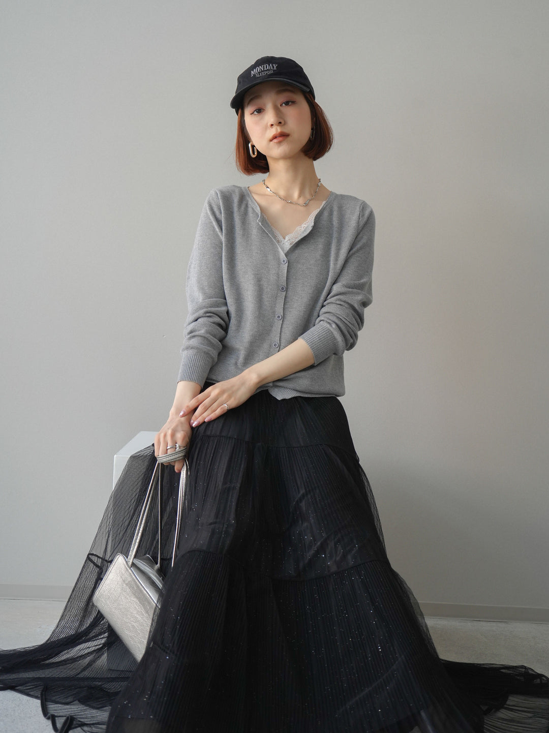 [予約]レースレイヤードニットカーディガン/gray