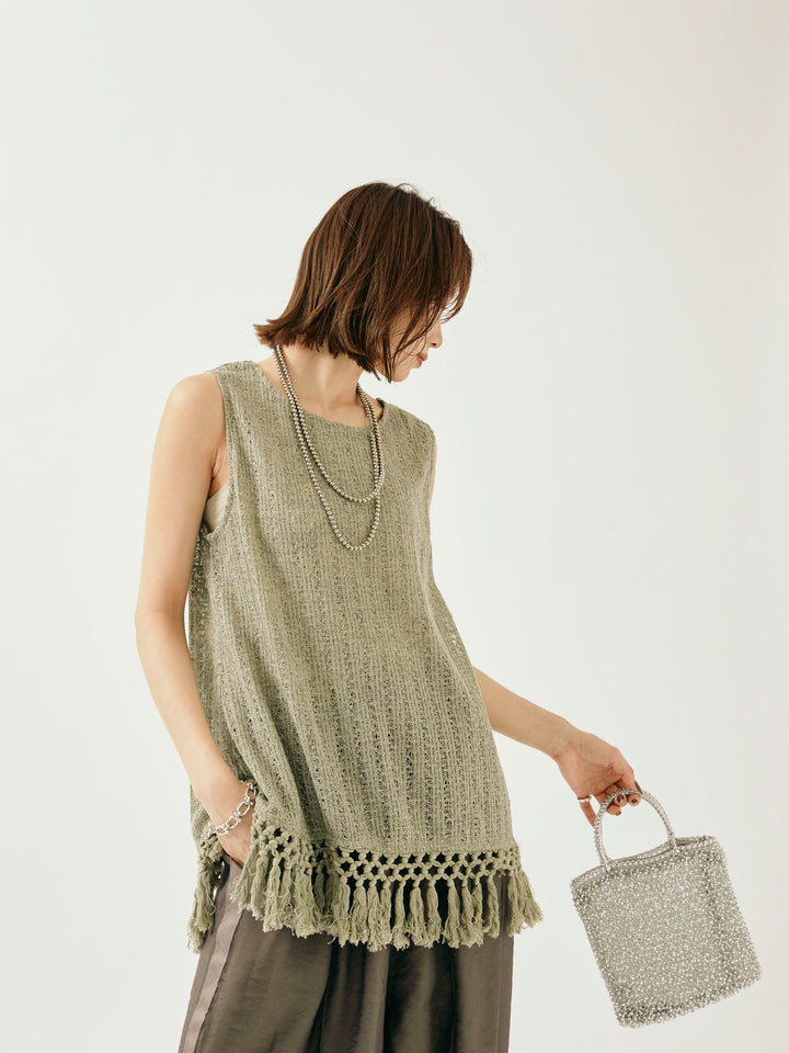 [予約]フリンジ透かし編みニットベスト/カーキ