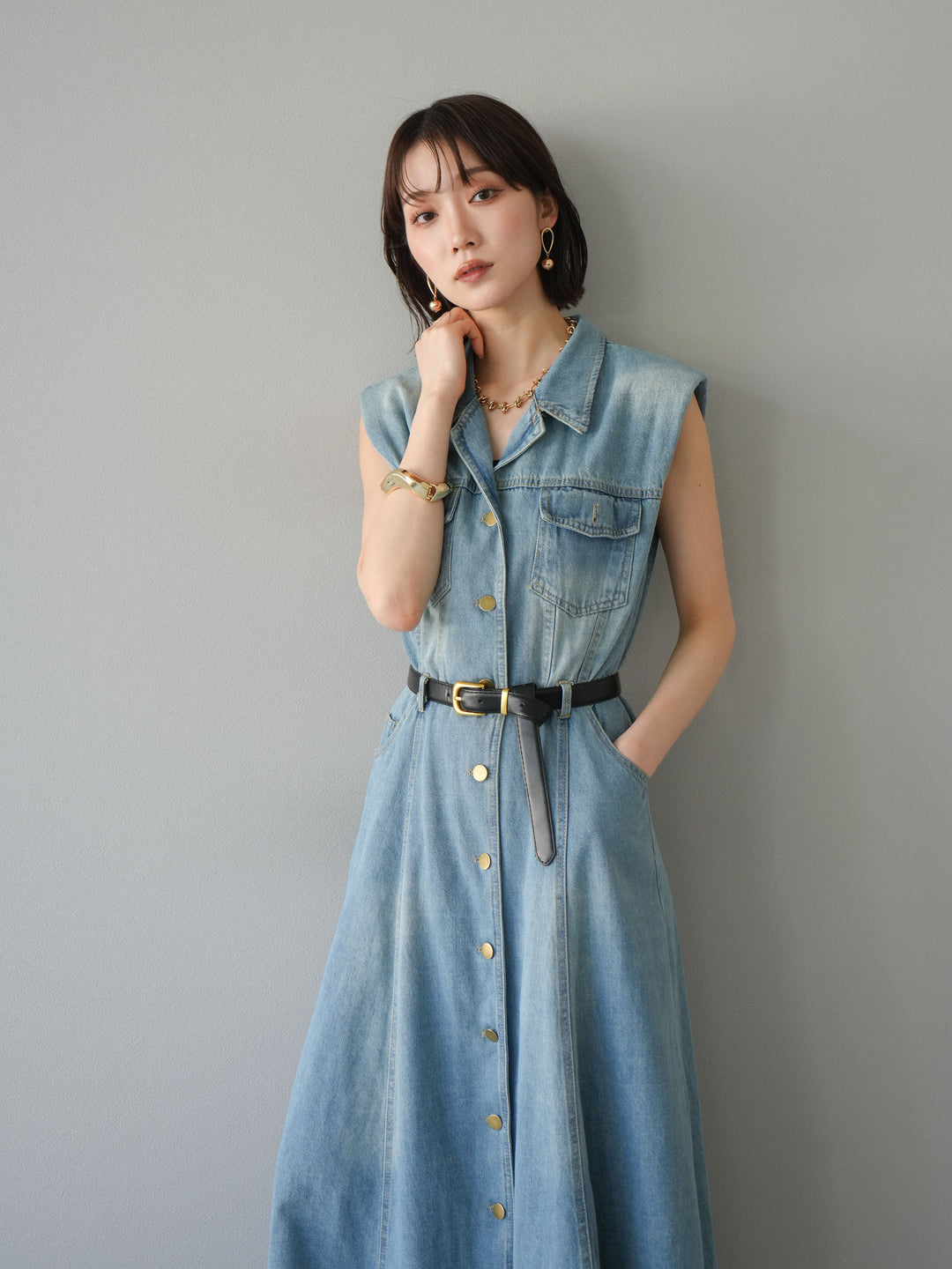[予約]ベルト付デニムシャツデザインワンピース/ライトブルー
