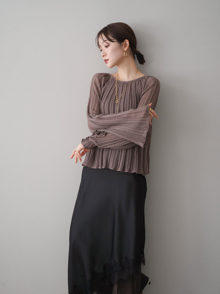 [SET]プリーツシアーフレアスリーブニットトップス+選べるアクセセット(2set)