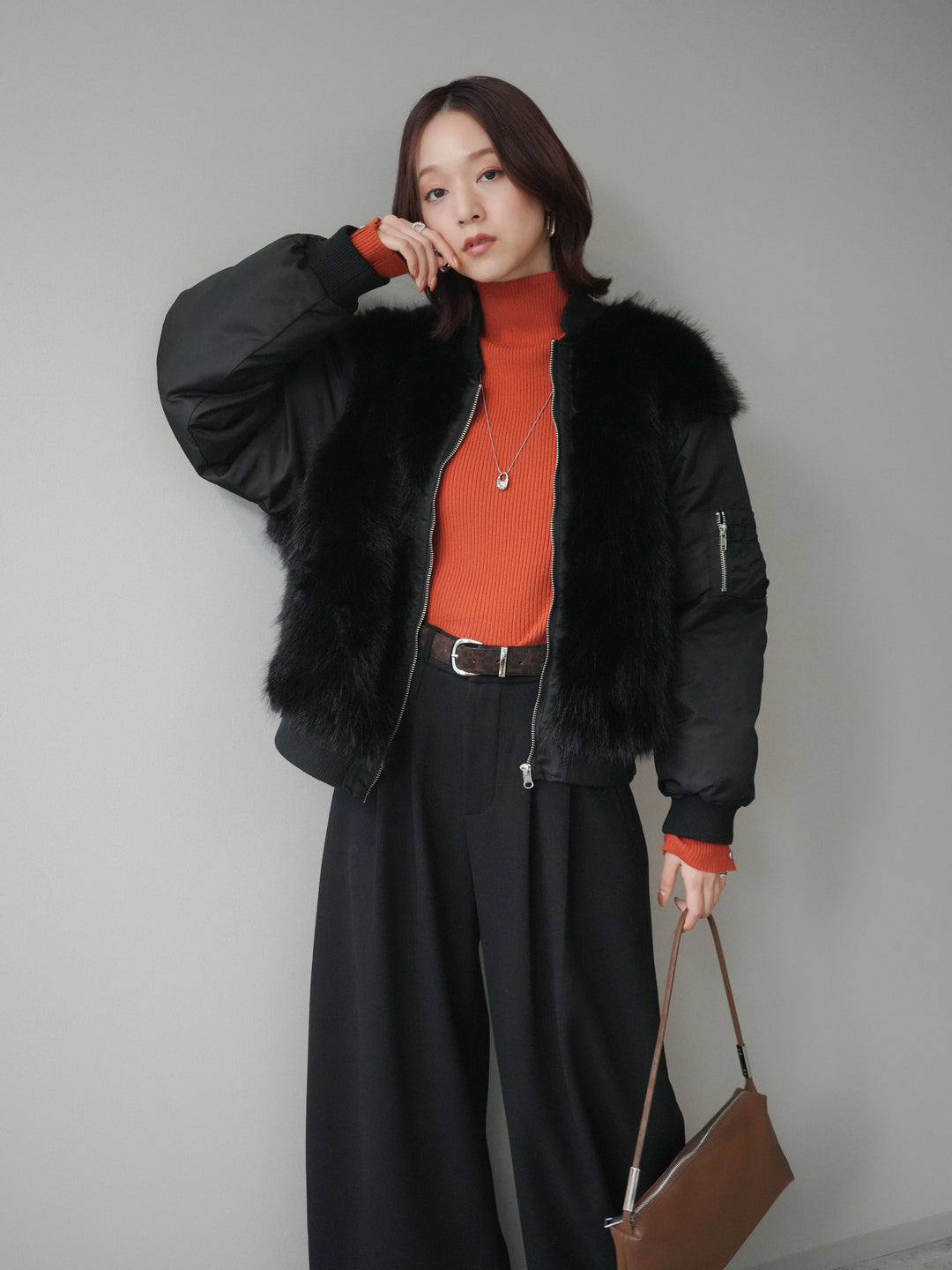 [SET]ファードッキングMA-1+アニマル柄ベルト付きウールタッチワイドパンツ(2set)