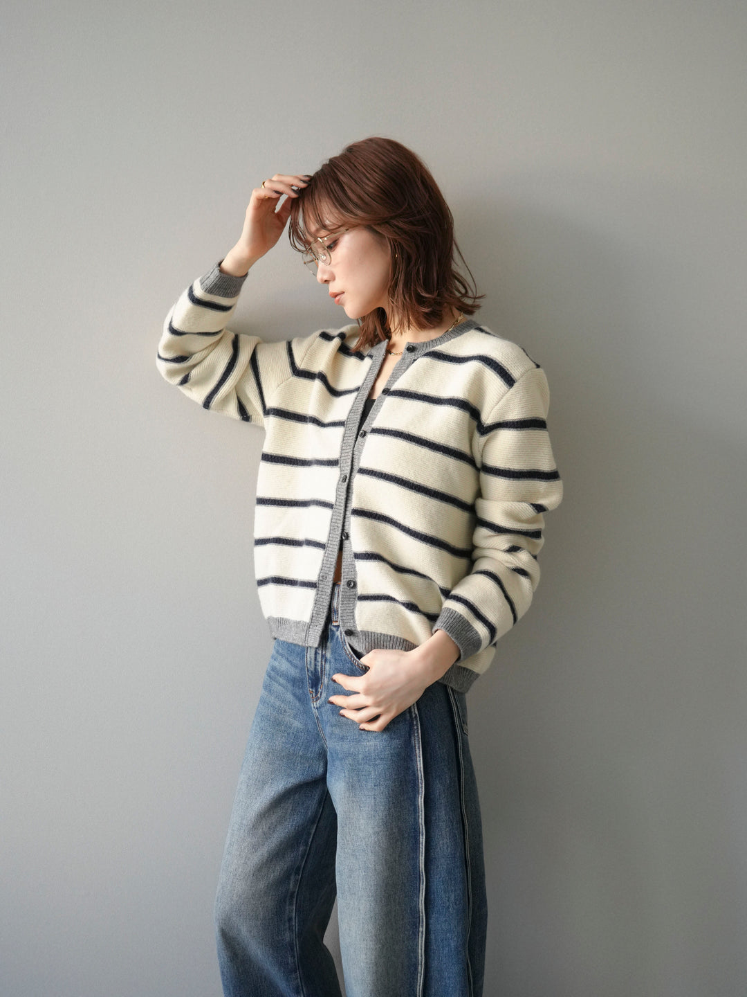 [予約]配色ボーダーニットカーディガン/apricot