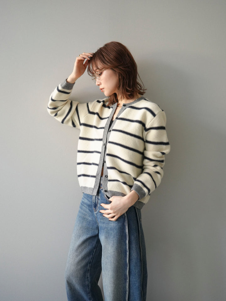 [予約]配色ボーダーニットカーディガン/apricot