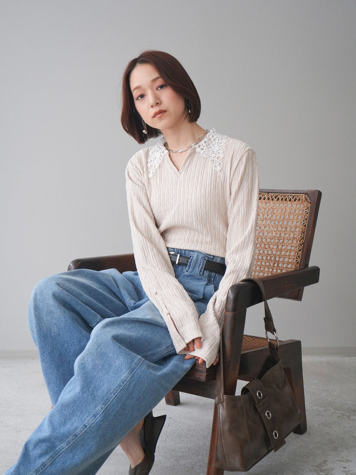 [SET]袖スリットレースカラートップス+袖スリットレースカラートップス(2set)