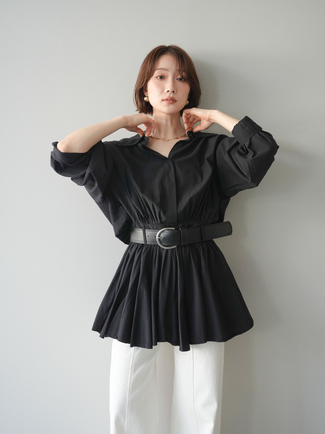 [予約]ベルト付フレアシャツミニワンピース/black