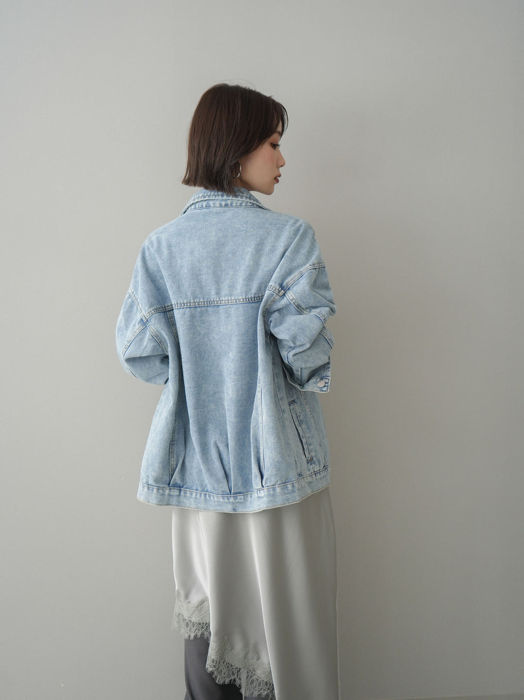 [SET]デザインBIGポケットオーバーデニムジャケット+レースネックジャガードニットカーディガン(2set)