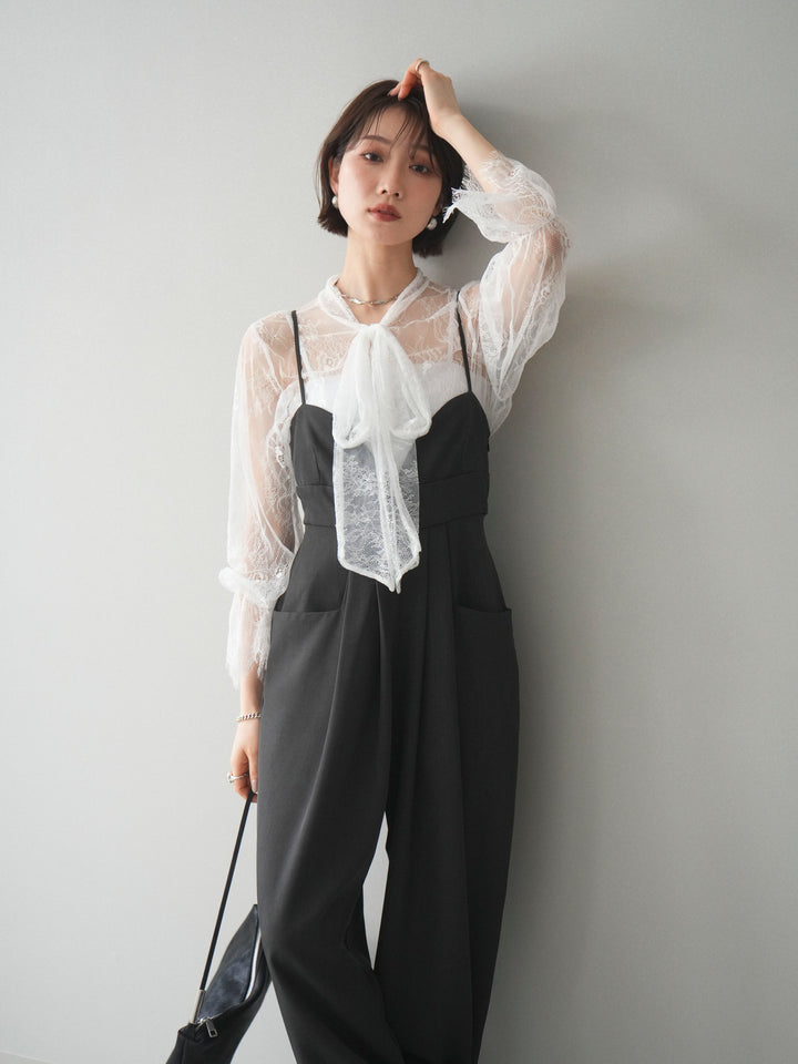 [SET]バックデザインサロペット+リバーレースボウタイトップス(2set)