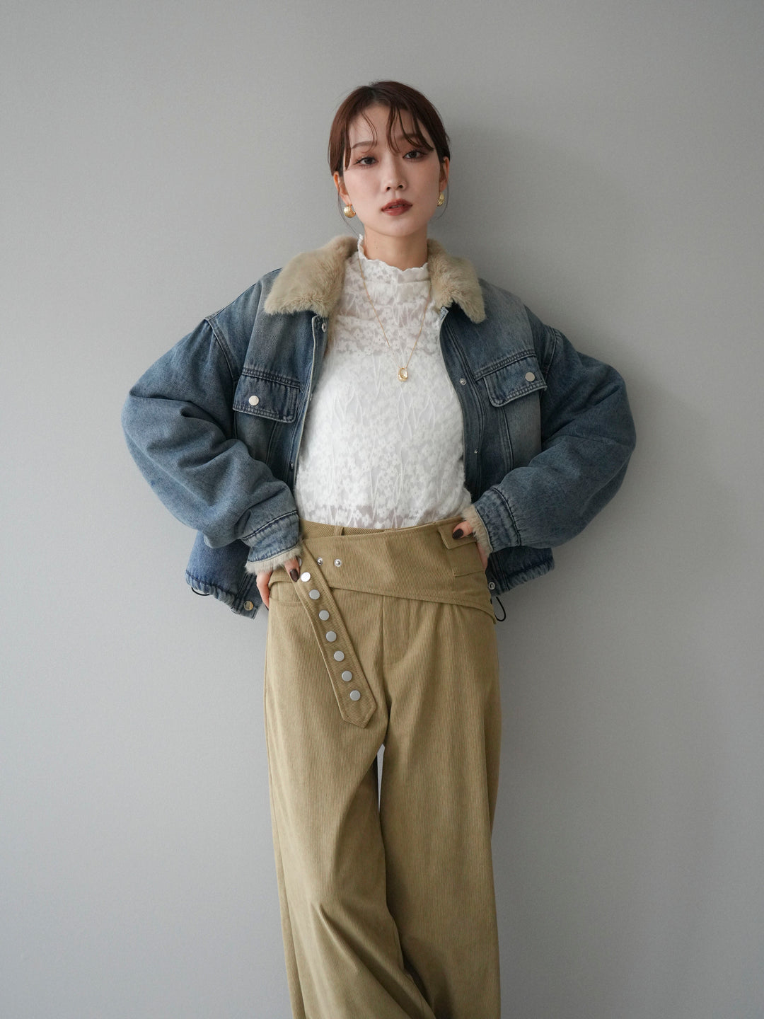 [予約]デニム×ファーステンカラーショートジャケット/lightblue