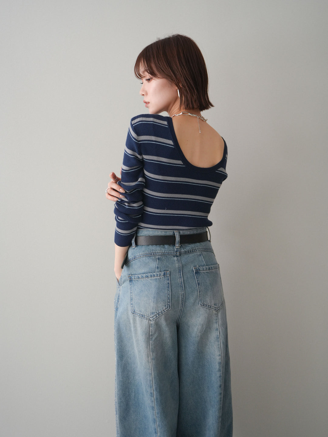 [予約]バックオープンテレコリブマルチボーダートップス/navy