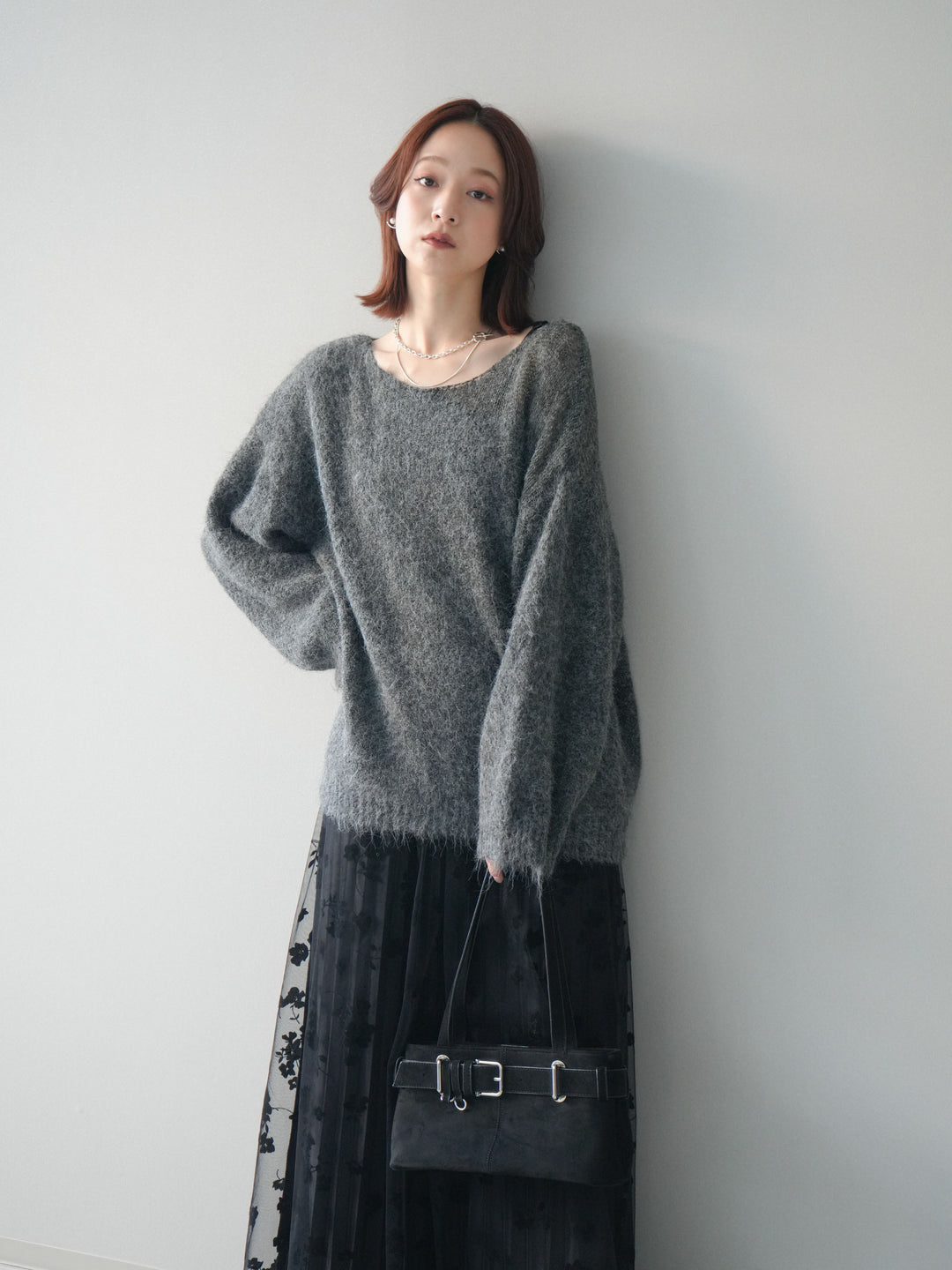 [SET]透かしデザインニットプルオーバー+フラワーフロッキーチュールプリーツスカート(2set)