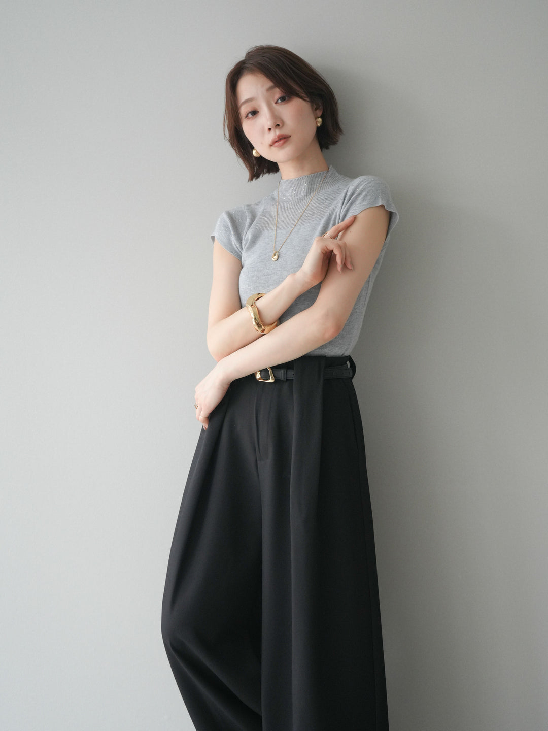 [SET]ビジューシアーフレンチニット+選べるアクセセット(2set)