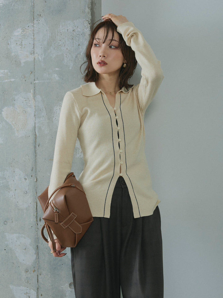 【Allure】[SET]リブ配色ラインポロニットカーディガン+サイドタックワイドパンツ(2set)