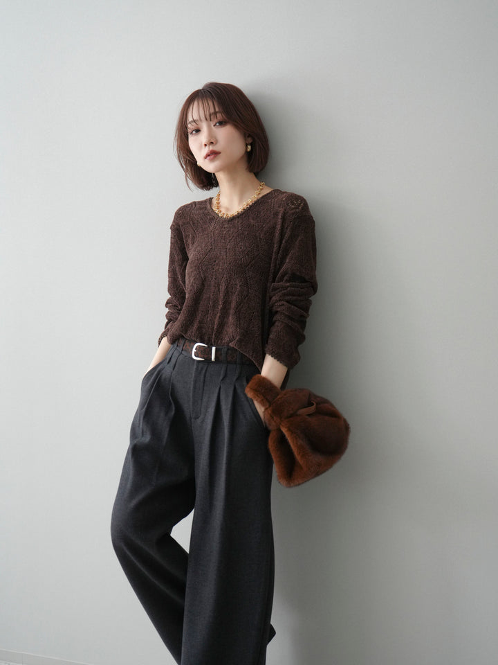 [予約]モール透かし編みニットトップス/brown