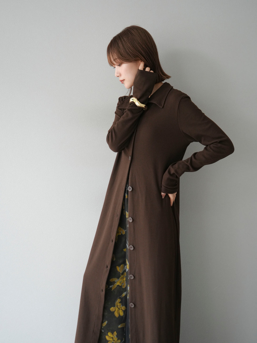 [SET]襟付きカットリブボタンワンピース+フラワープリントチュールレイヤードパンツ(2set)