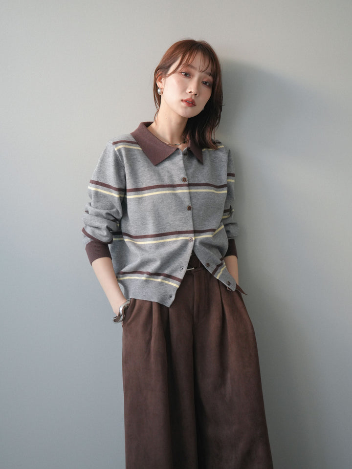 [予約]配色マルチボーダーポロニットカーディガン/gray