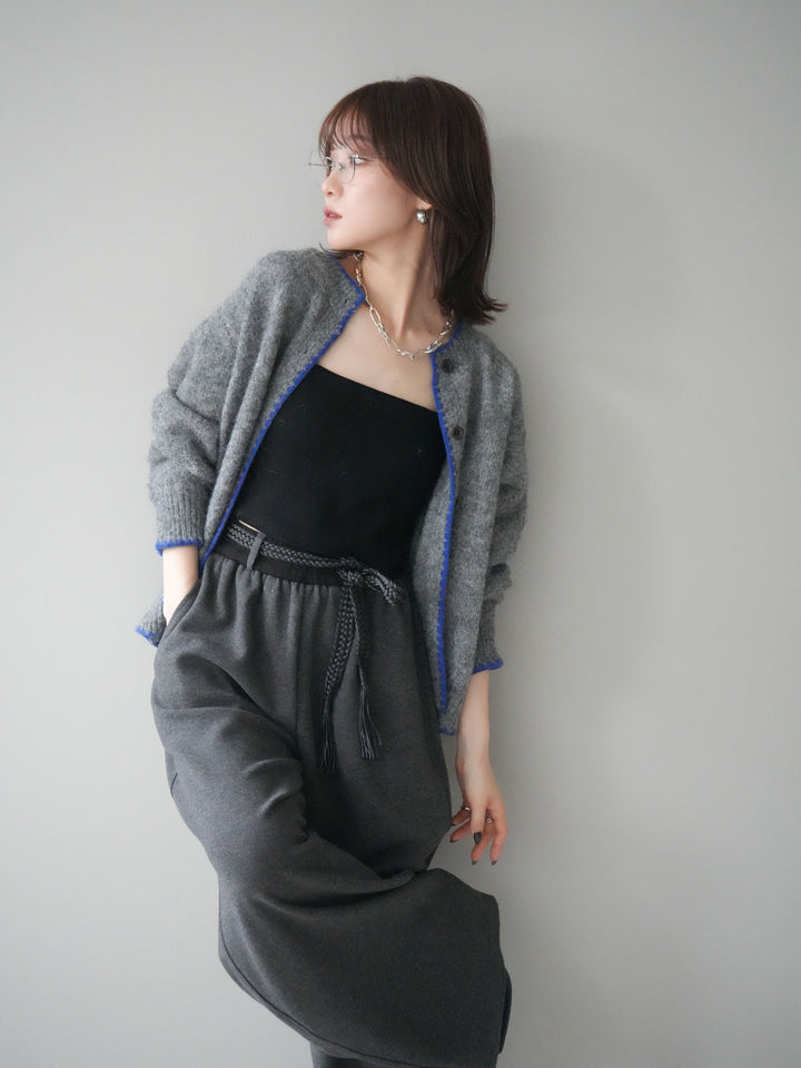 [SET]三角ステッチニットカーディガン+編み込みベルト付きウエスト配色スエットパンツ(2set)