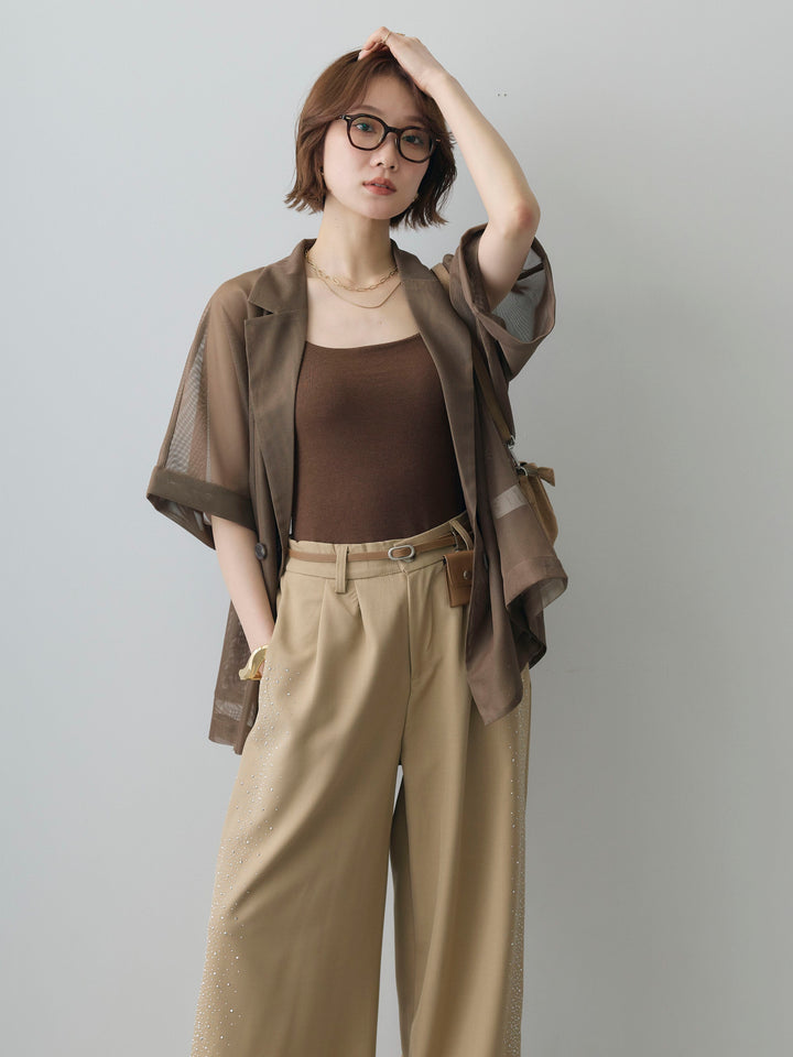 [SET]メッシュハーフWジャケット+ポーチベルト付サイドビジュータックワイドパンツ(2set)
