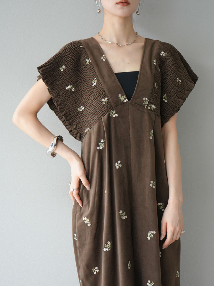 [予約]ベロアフラワー刺繍シャーリングサロペット/ブラウン