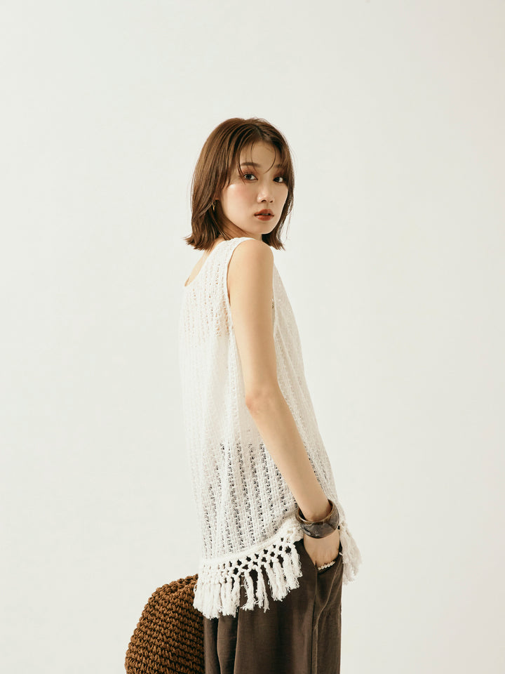 [予約]フリンジ透かし編みニットベスト/ホワイト