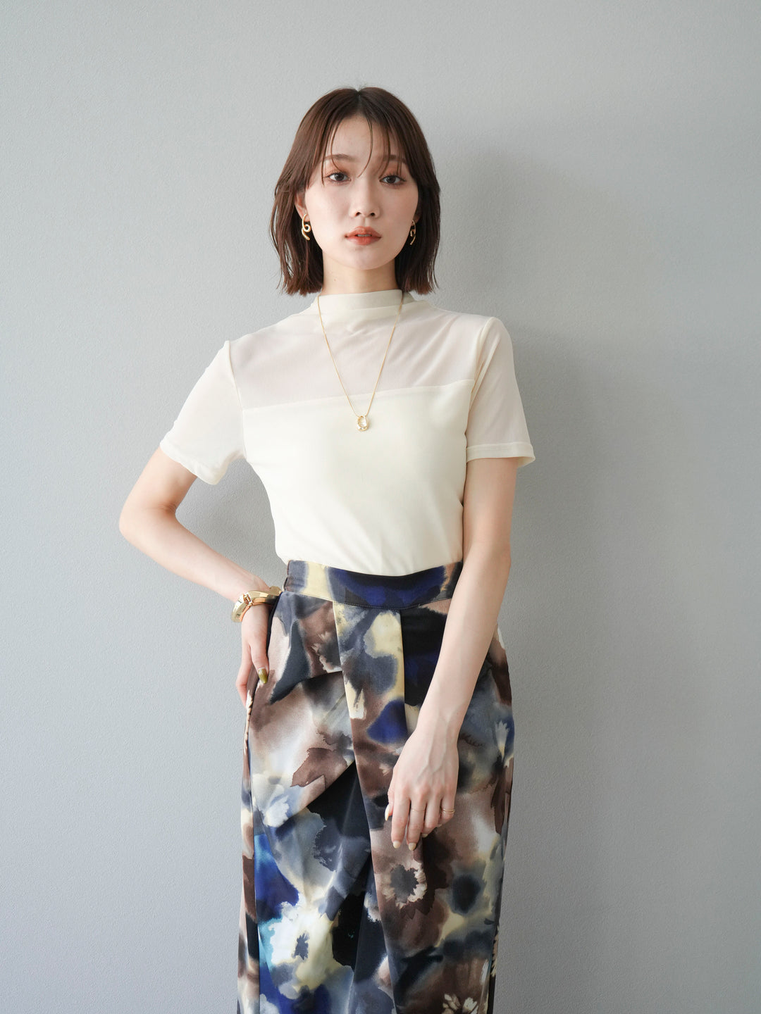 [SET] 透視半袖上衣 + 水彩印花褶襉I字裙 (2set)