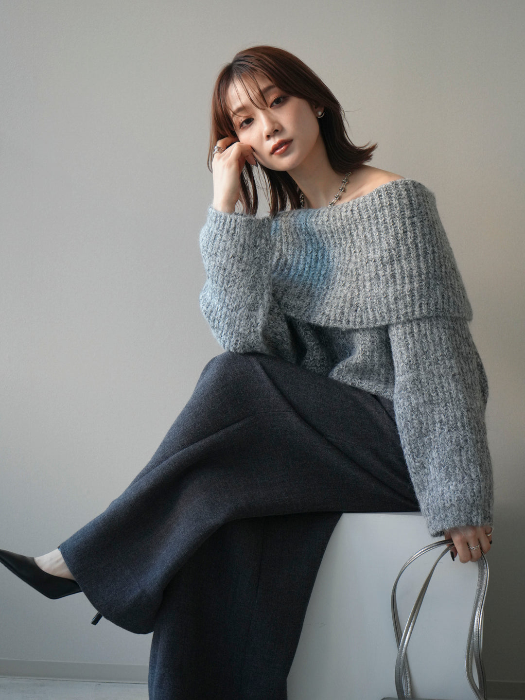 [予約]オフショルミックスニットプルオーバー/gray