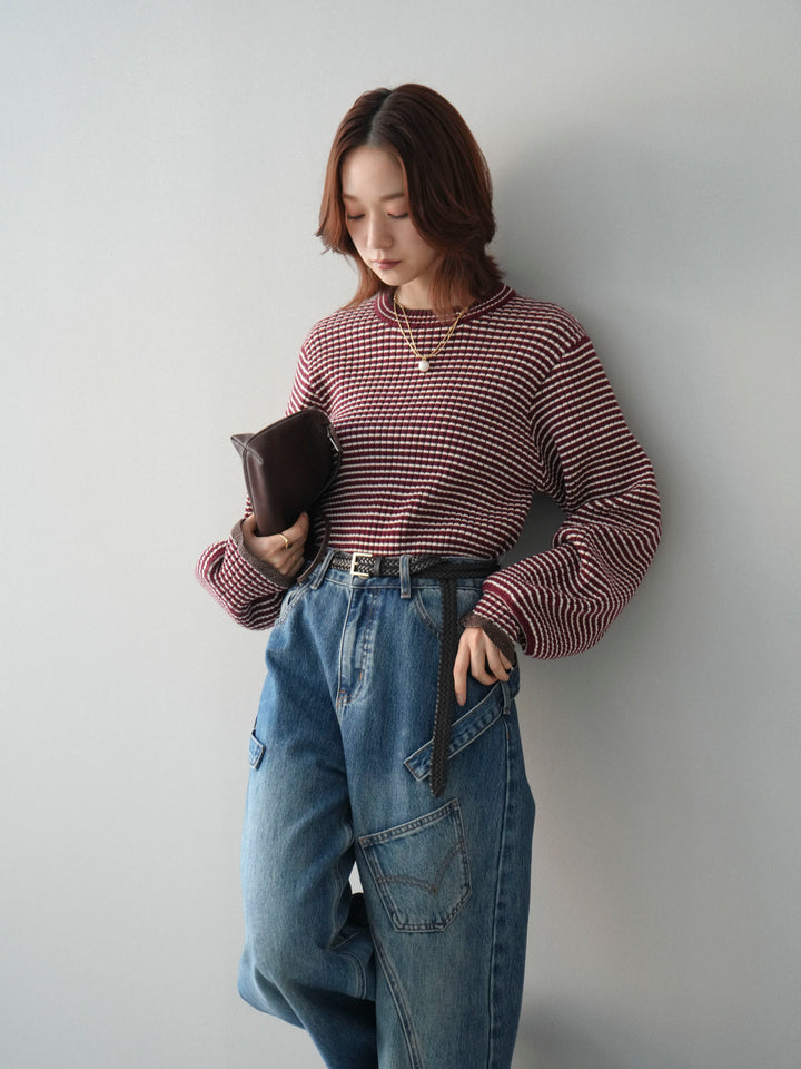 [SET]ラメ異素材ボーダーリブニットプルオーバー+ペインターカーブデニムパンツ(2set)
