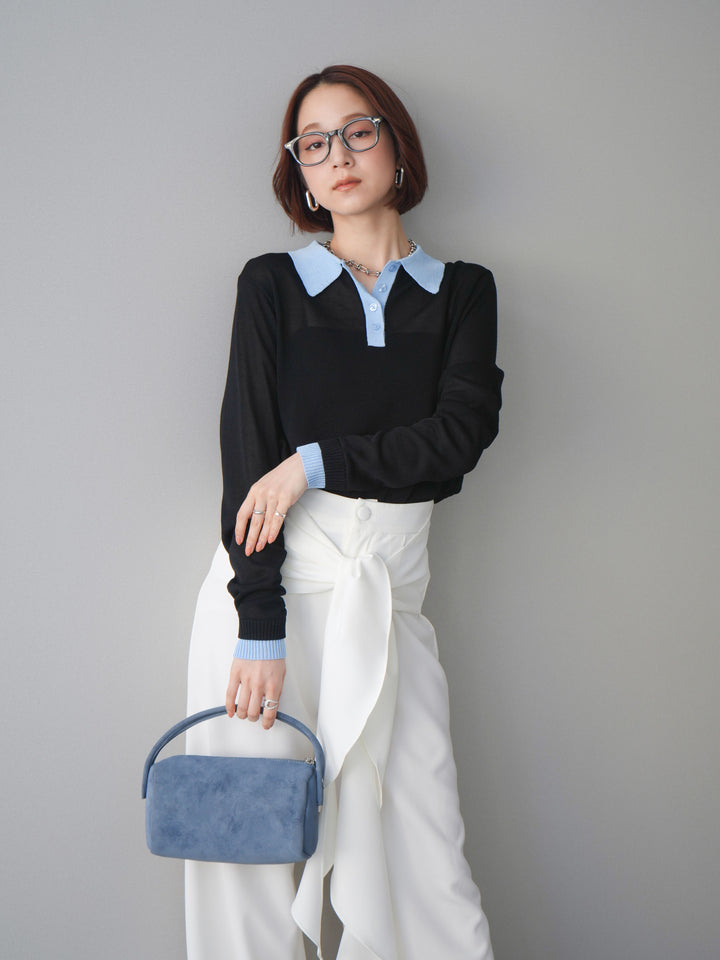 [SET]配色デザインシアーポロニット+ラッフルベルトワイドパンツ(2set)