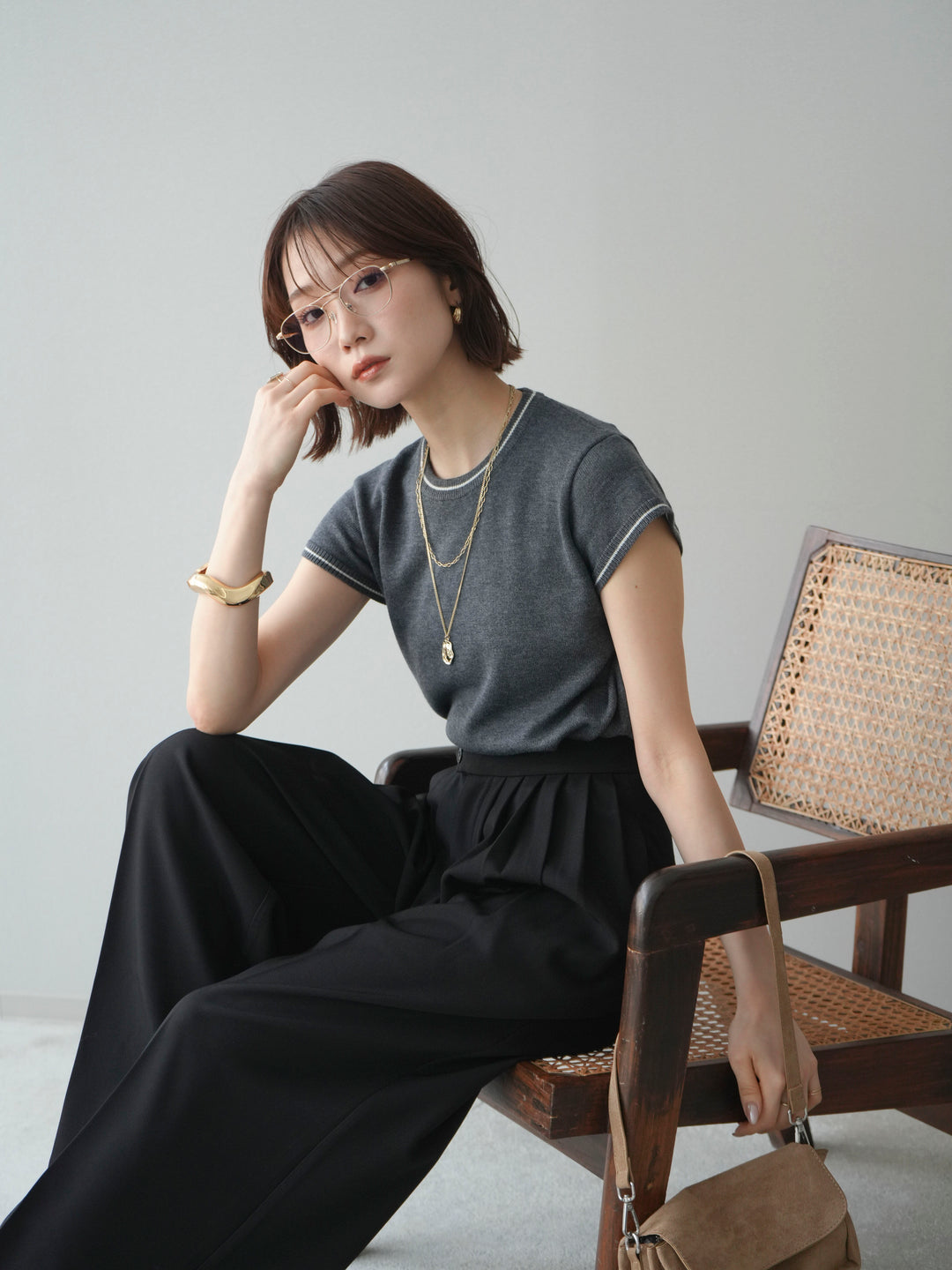 [SET]配色ハーフスリーブニットトップス+メニータックワイドパンツ(2set)