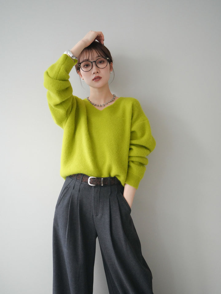 [予約]シュシュ付きアンゴラタッチVネックニットプルオーバー/green