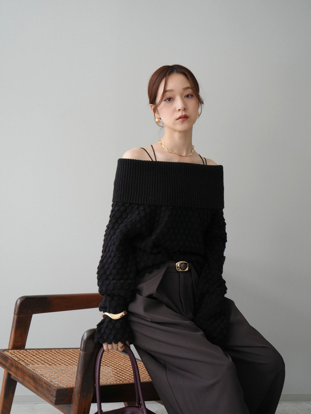 [SET]ポコポコ編みオフショルニットプルオーバー+ベルトループデザインワイドパンツ(2set)