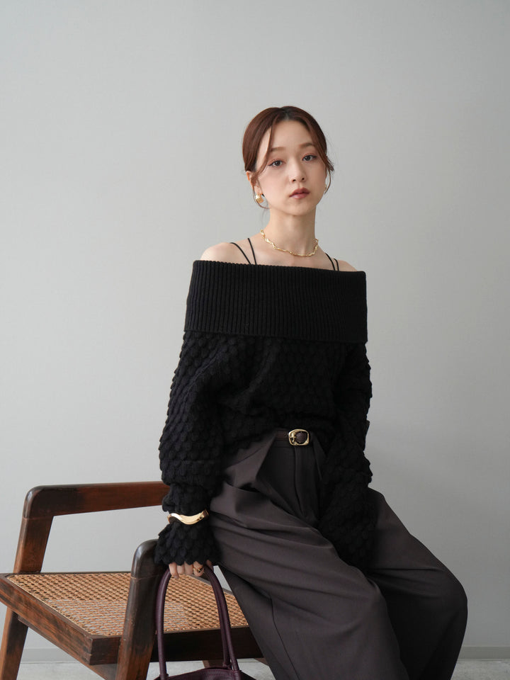 [SET]ポコポコ編みオフショルニットプルオーバー+ベルトループデザインワイドパンツ(2set)