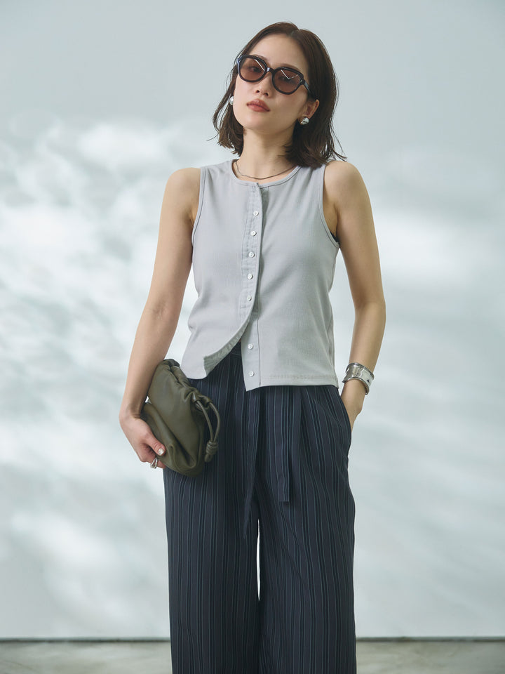 【Allure】[SET]フロントボタンテレコリブタンクトップ+ストライプイージーパンツ(2set)