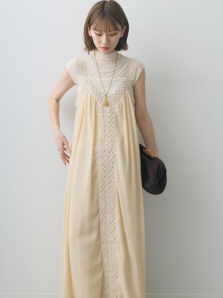 [SET]センタークロシェレースキャミワンピース+シアー切替ストレッチトップス(2set)